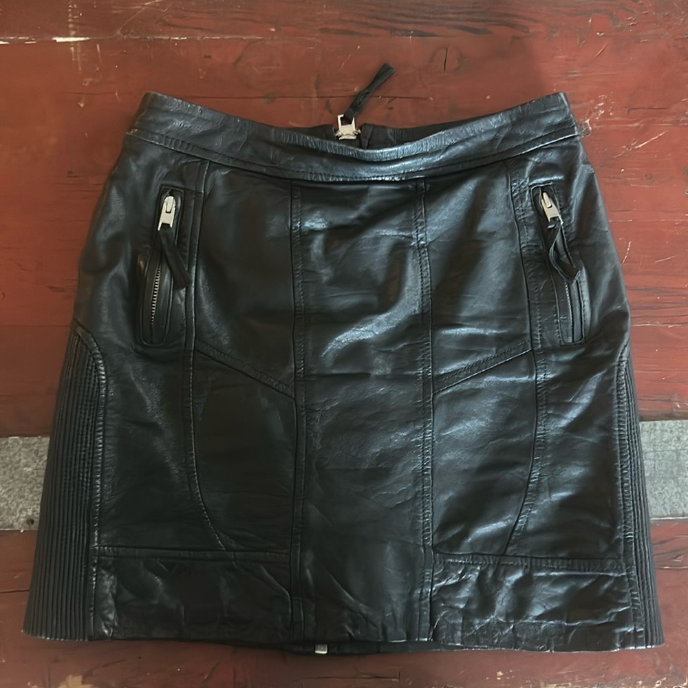 AllSaints Black Faux Leather Mini Skirt with Zip Details